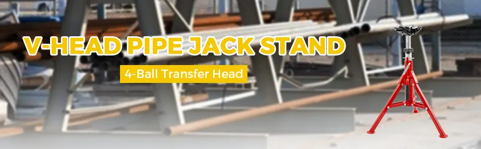 Gato de tubo VEVOR con cabezal en V y cabezal de transferencia de 4 bolas en un entorno de construcción.