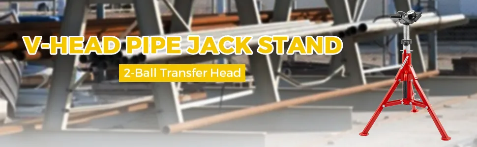 red VEVOR pipe jack stand with 2-ball transfer head, shown in an industrial setting.