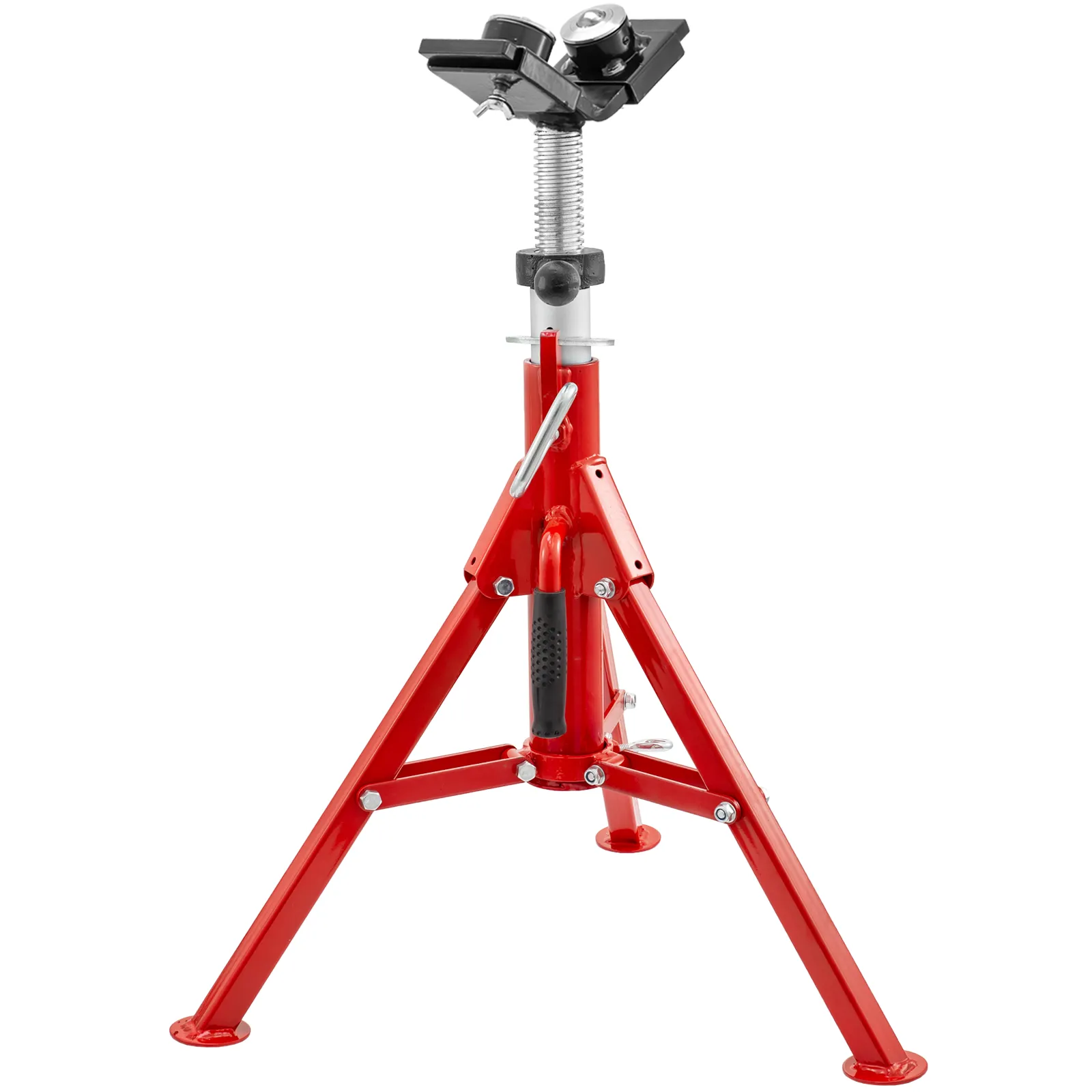 red VEVOR pipe jack stand with adjustable height and sturdy tripod base.