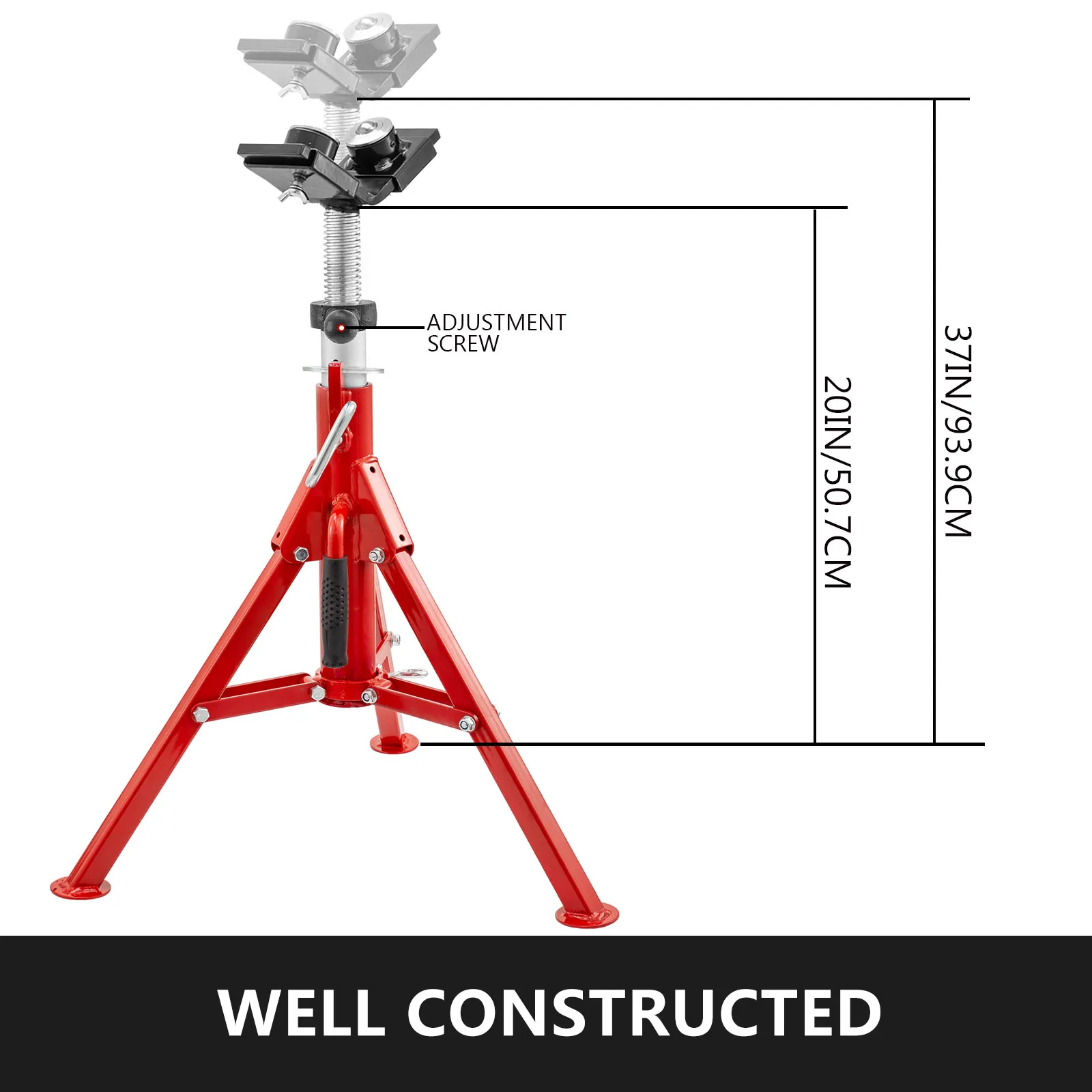VEVOR pipe jack stand with adjustable height from 20in to 37in, well-constructed.
