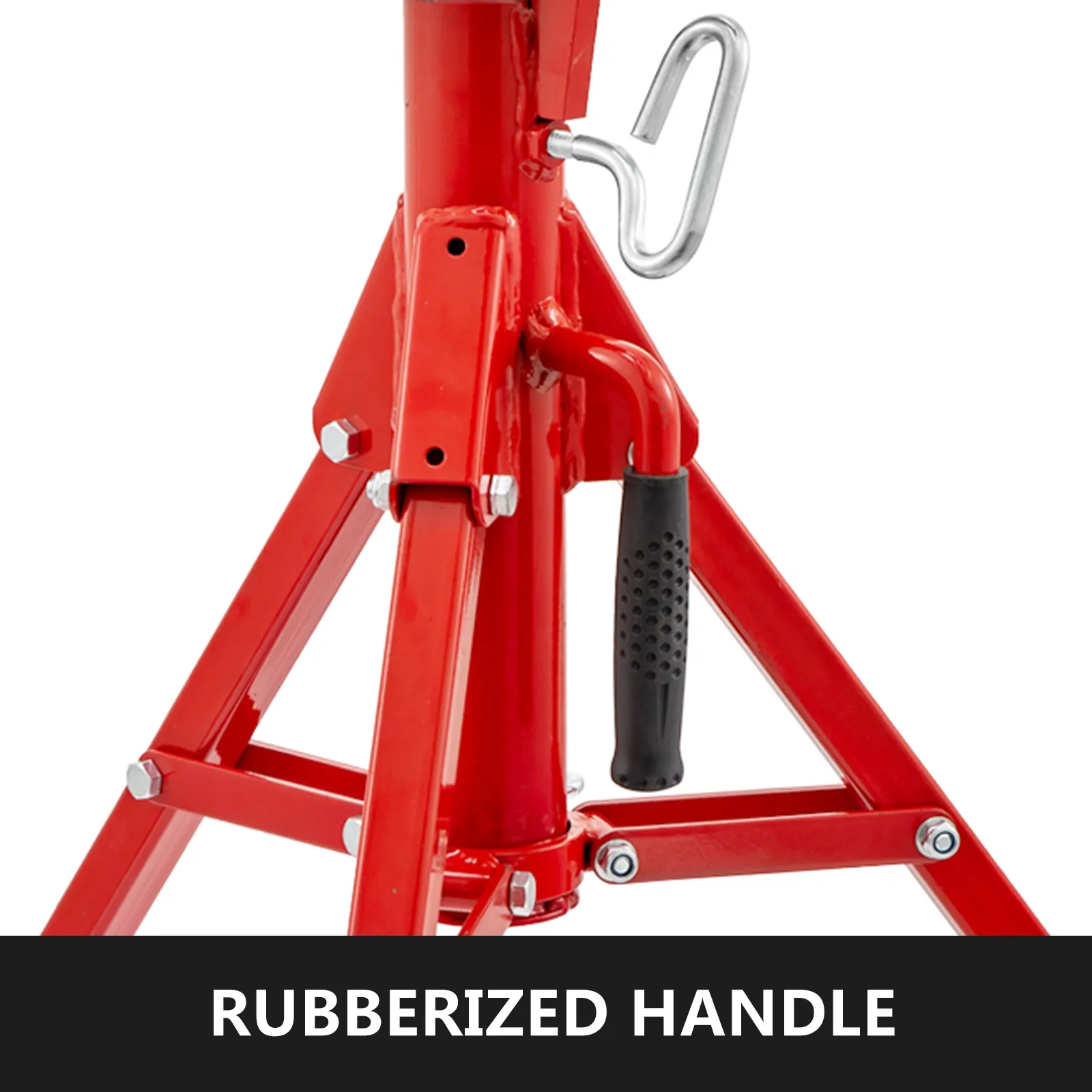 red VEVOR pipe jack stand with rubberized handle and sturdy base. suitable for heavy-duty use.
