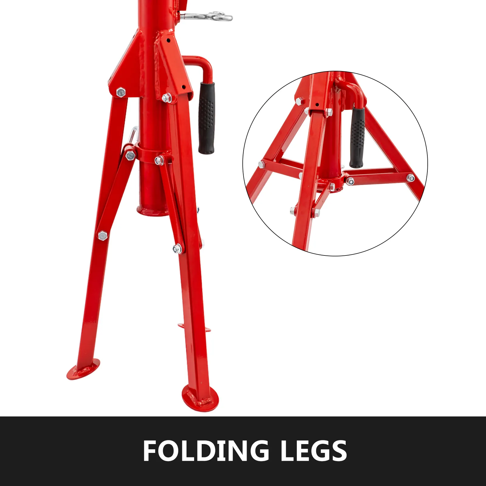 VEVOR pipe jack stand with folding legs and red steel construction.
