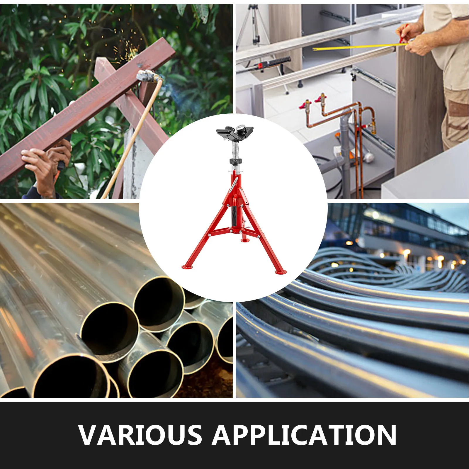 VEVOR pipe jack stand showcasing industrial and plumbing applications, various pipes.