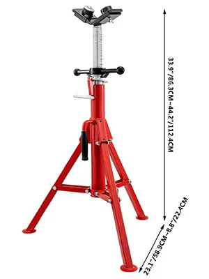 Soporte de gato para tubos VEVOR de color rojo con dimensiones de altura y base marcadas.