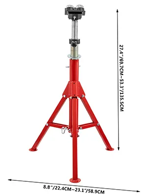 red VEVOR pipe jack stand with adjustable height and measurements.