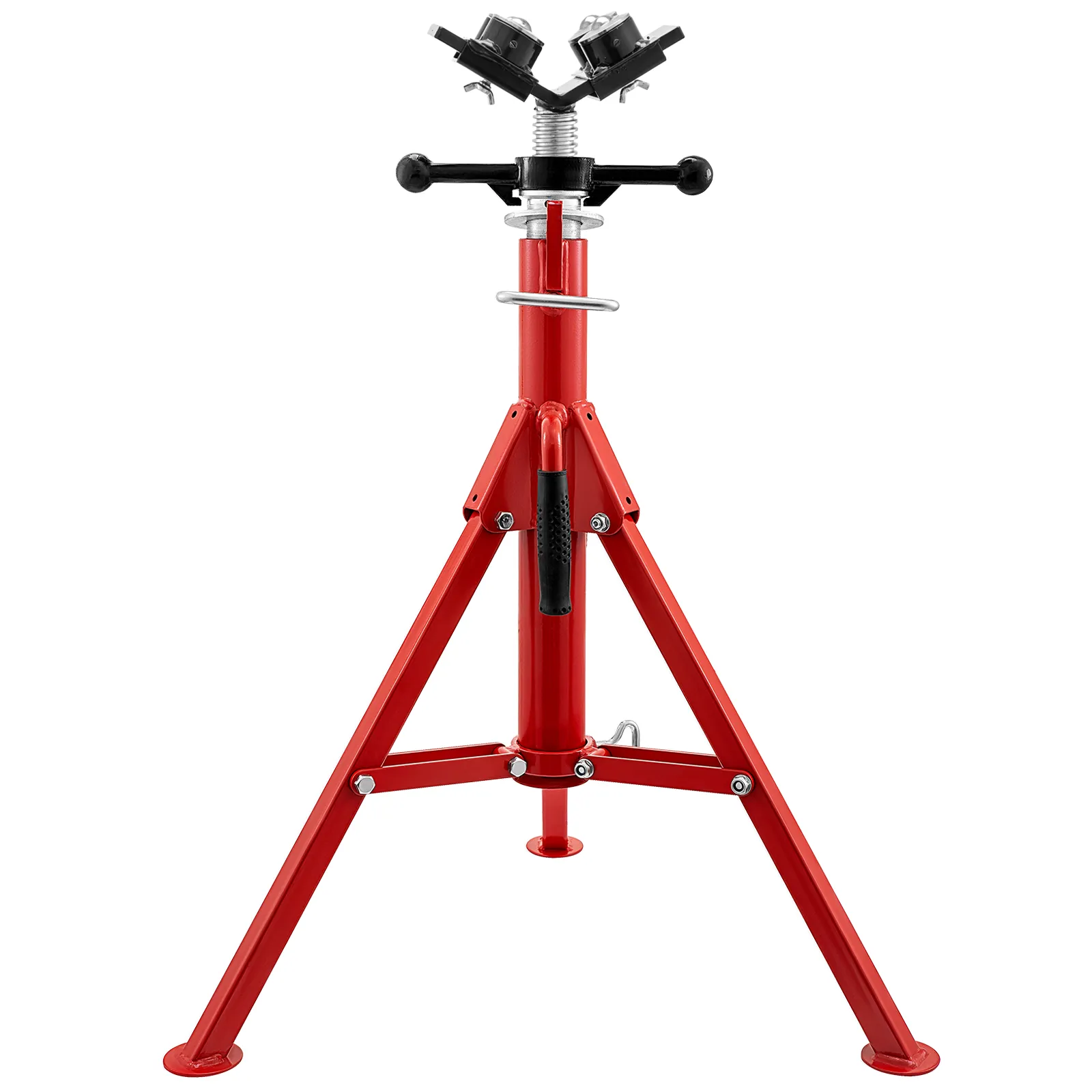 red VEVOR pipe jack stand with tripod base and adjustable height.