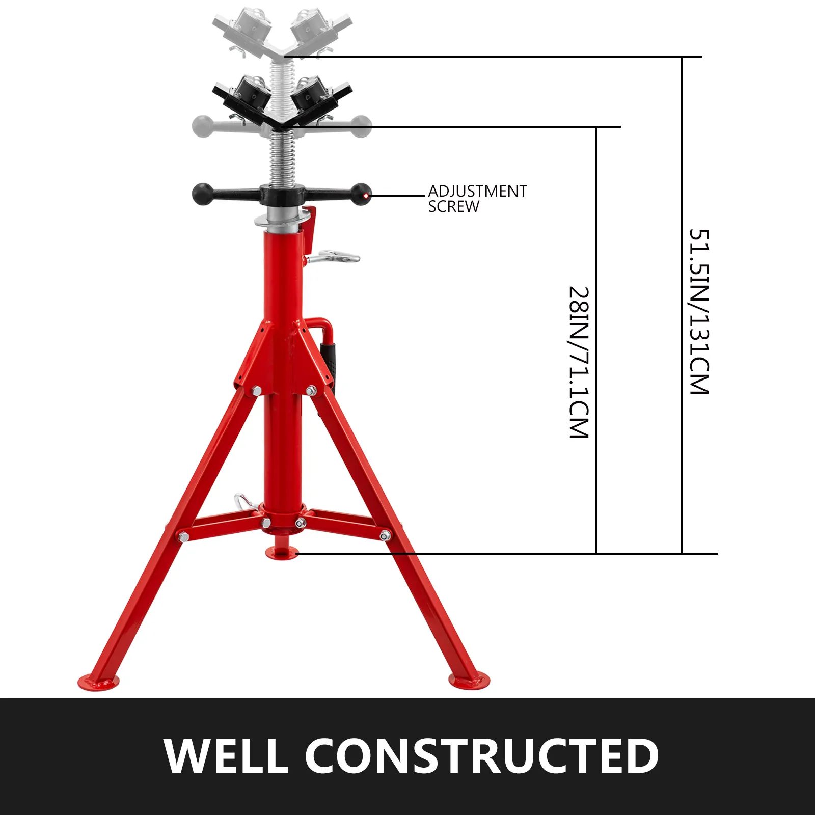 red VEVOR pipe jack stand with measurement annotations, labeled "well constructed".