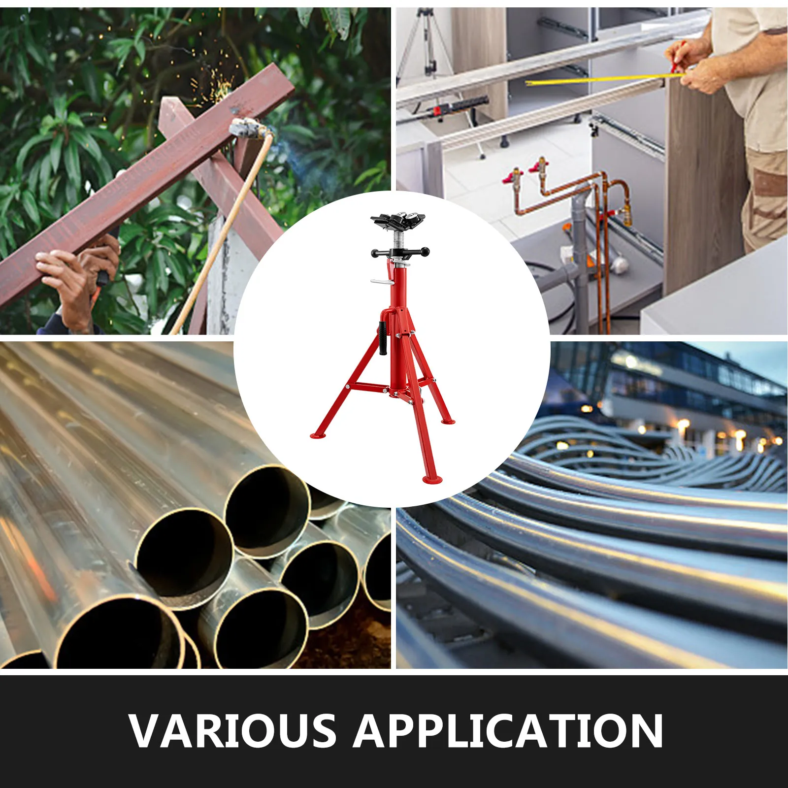various uses of VEVOR pipe jack stand in construction and plumbing scenes.