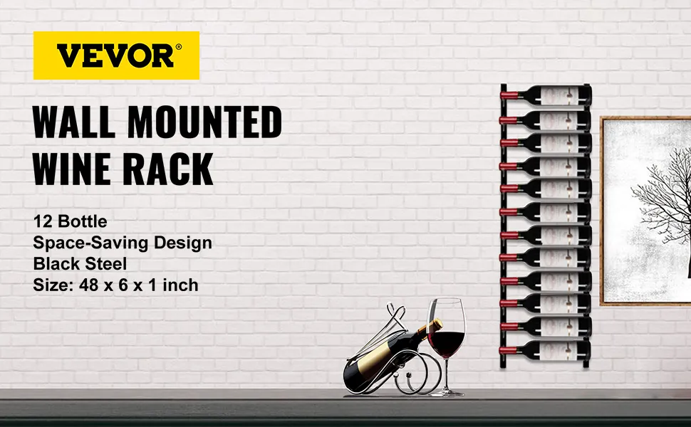 Portabottiglie da parete VEVOR, in acciaio nero, capienza 12 bottiglie, design salvaspazio.