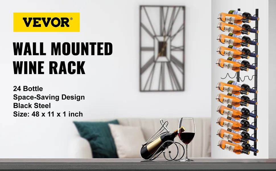 VEVOR wall mounted wine rack in living room with bottles and glass of wine on table.