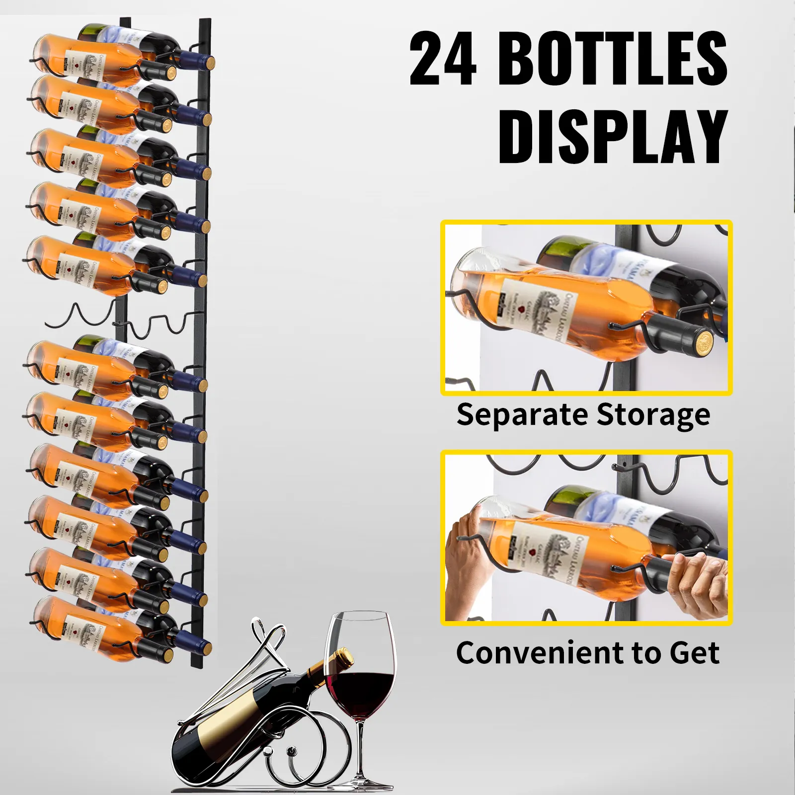 VEVOR wall mounted wine rack holding 24 bottles, with separate storage and easy access.