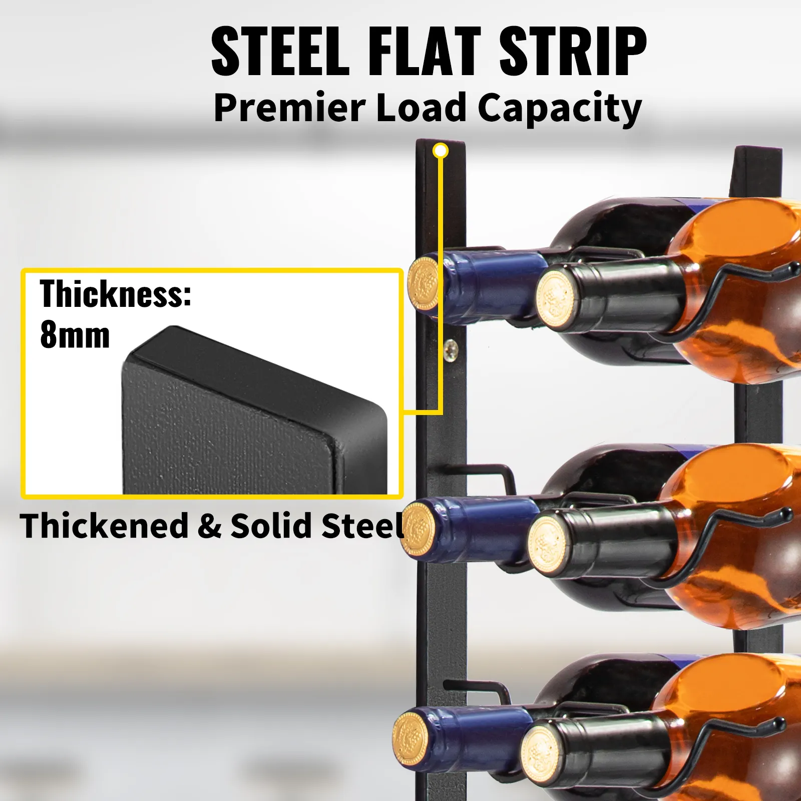 VEVOR wall mounted wine rack with steel flat strip and 8mm thickness for load capacity.