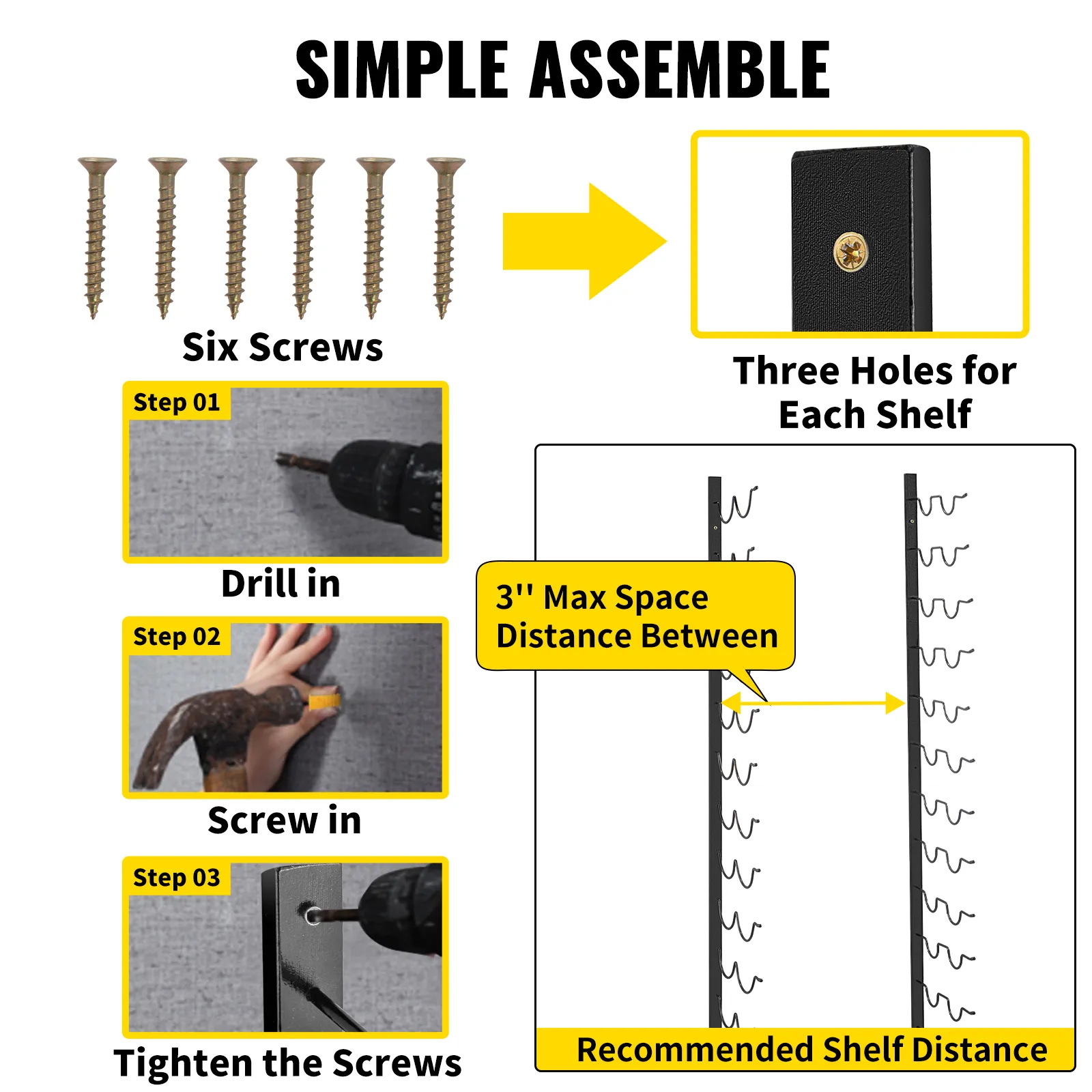 simple assembly guide for VEVOR wall mounted wine rack, six screws, recommended 3'' spacing.