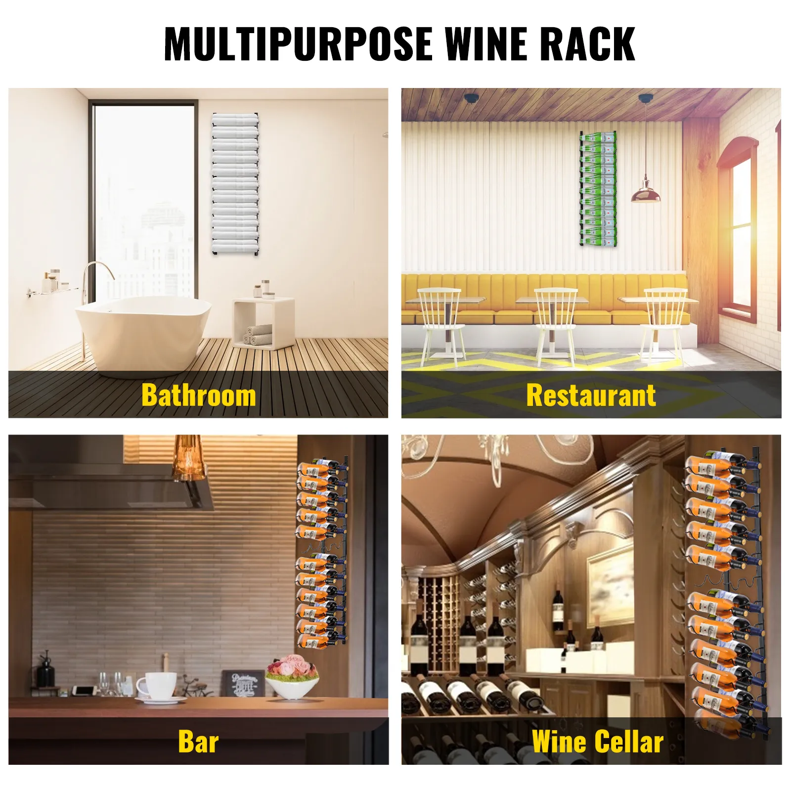 VEVOR wall mounted wine rack in bathroom, restaurant, bar, and wine cellar settings.