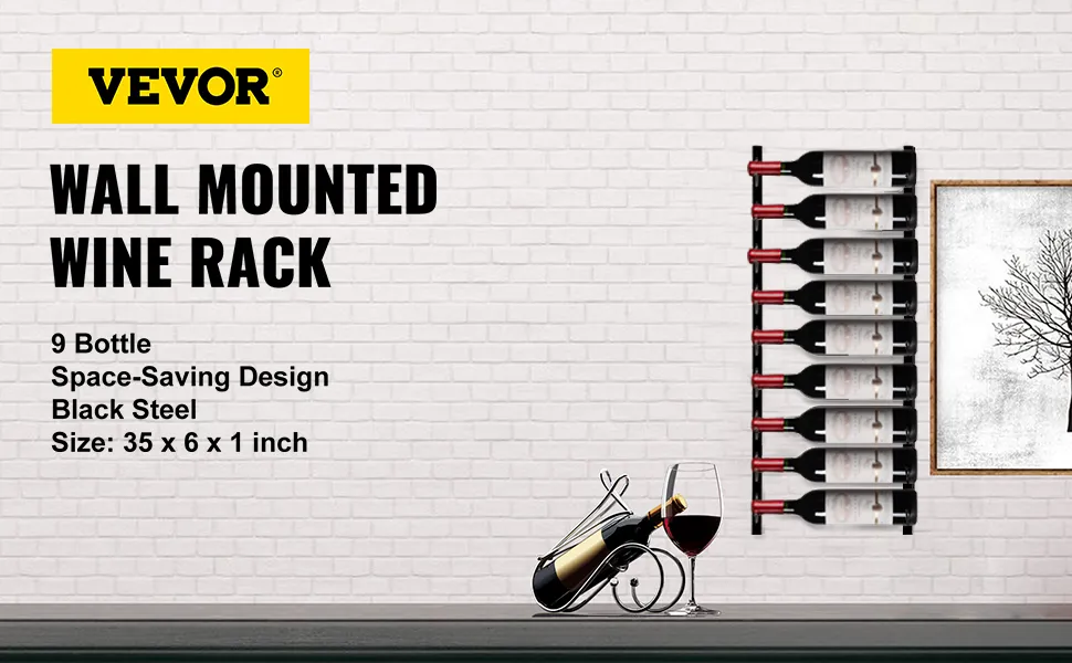 Botellero de pared VEVOR con capacidad para 9 botellas sobre una pared de ladrillo blanco junto a una decoración de vino.