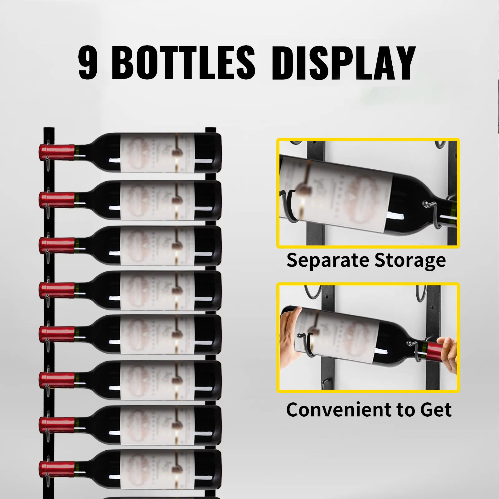 Botellero de pared VEVOR para montar en la pared que muestra 9 botellas con almacenamiento separado y fácil acceso.