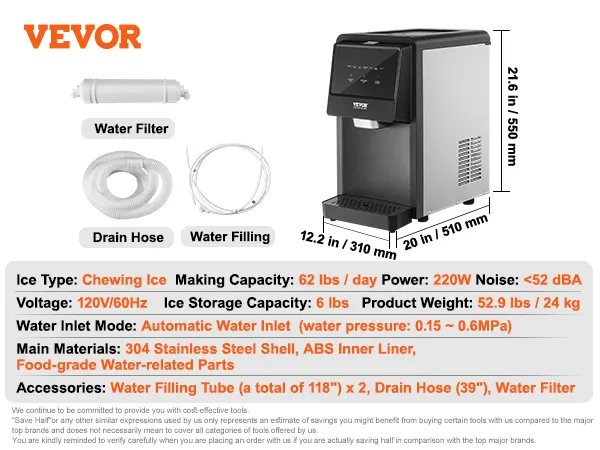 máquina de hielo VEVOR 220w, capacidad 62 lbs/día, dimensiones 21.6"x12.2"x20".