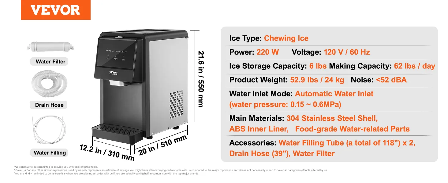 máquina de hielo VEVOR 220w, capacidad 62 lbs/día, dimensiones 21.6"x12.2"x20".