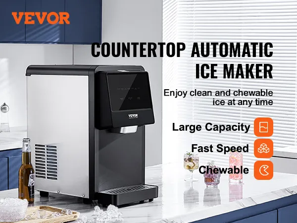 Máquina para fabricar hielo de encimera VEVOR en una cocina con texto que resalta gran capacidad, velocidad rápida y hielo masticable.