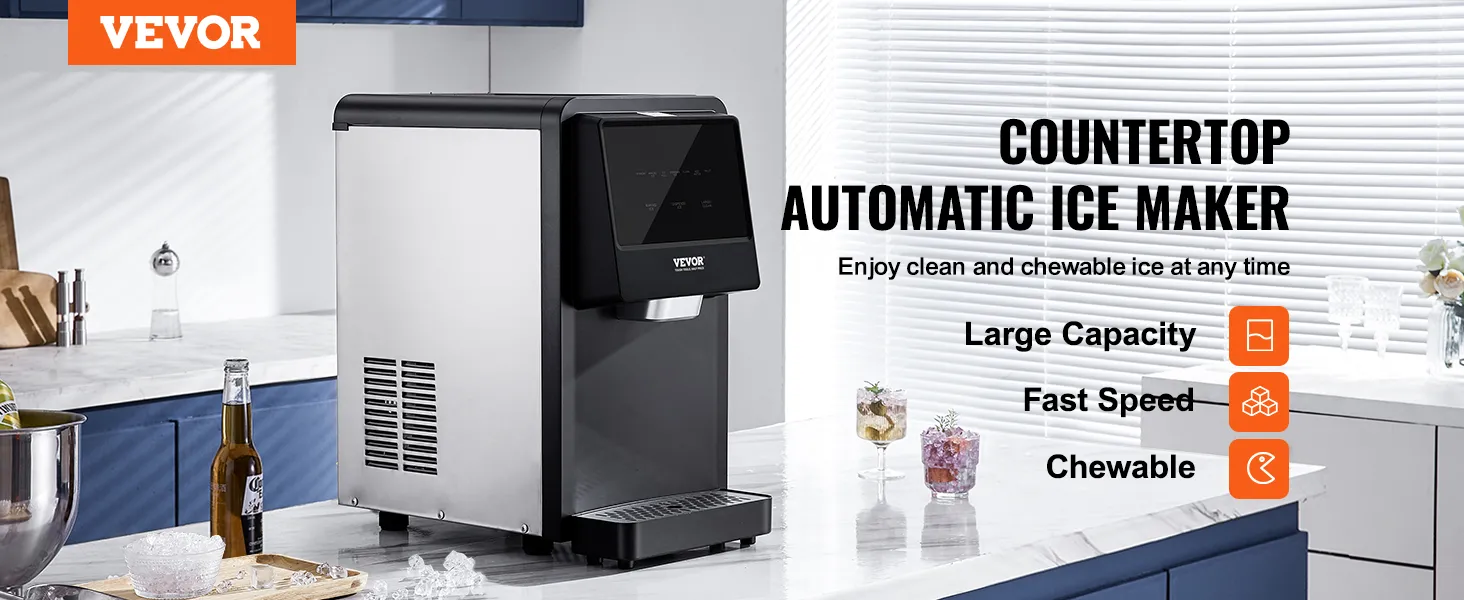 Máquina para fabricar hielo de encimera VEVOR en una cocina con texto que resalta gran capacidad, velocidad rápida y hielo masticable.