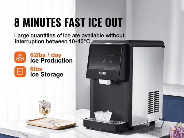 Máquina para fabricar hielo de encimera VEVOR, produce 62 libras de hielo por día, 6 libras de almacenamiento, lista en 8 minutos, diseño elegante.