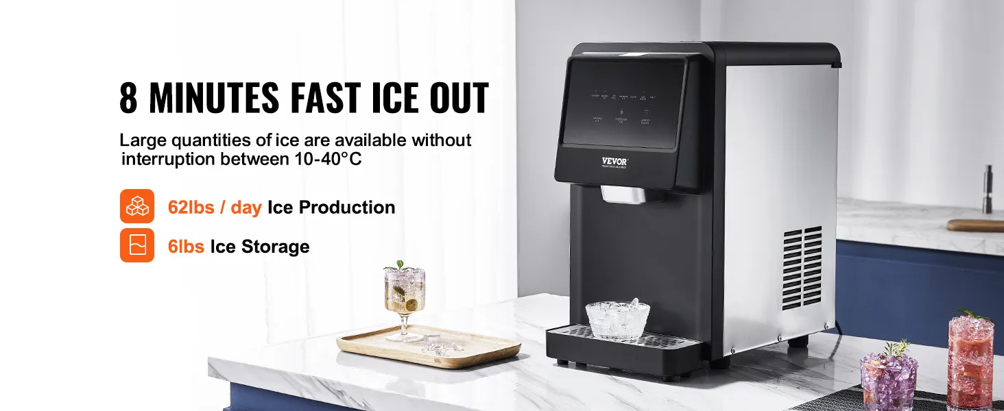 Máquina para fabricar hielo de encimera VEVOR, produce 62 libras de hielo por día, 6 libras de almacenamiento, lista en 8 minutos, diseño elegante.