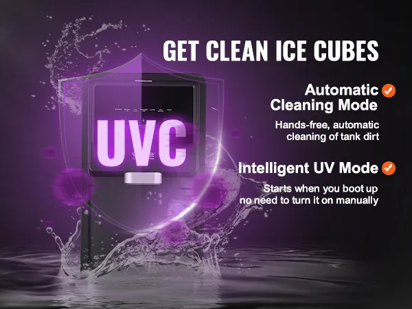 Máquina para fabricar hielo de encimera VEVOR con limpieza automática y modo UV inteligente para cubitos de hielo limpios.