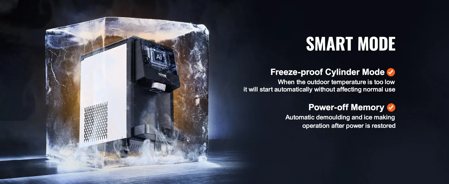 Máquina para fabricar hielo de encimera VEVOR revestida de hielo con modo inteligente, que presenta funciones a prueba de congelamiento y memoria de apagado.