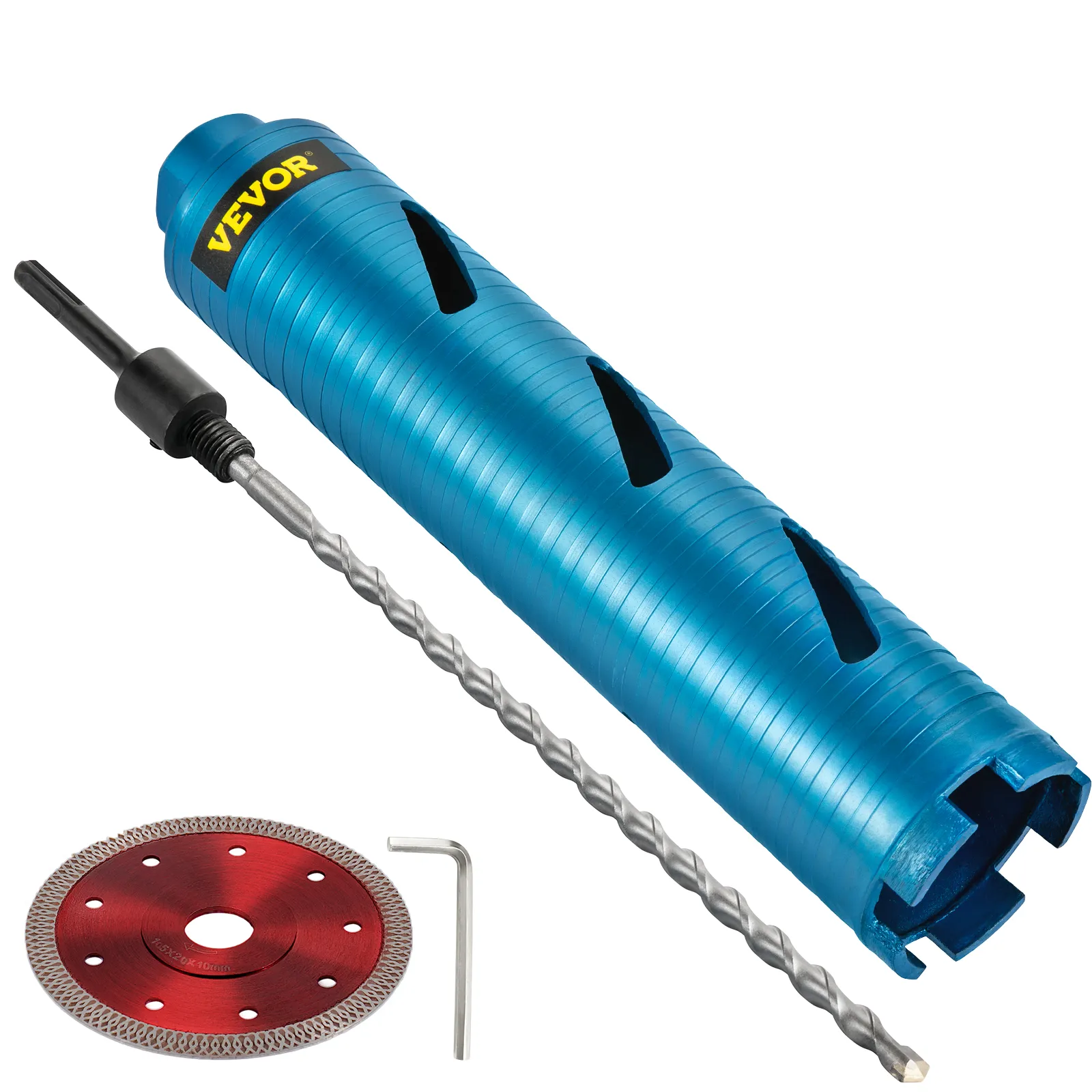 VEVOR core drill bit set with blue drill bit, red blade, and allen key.