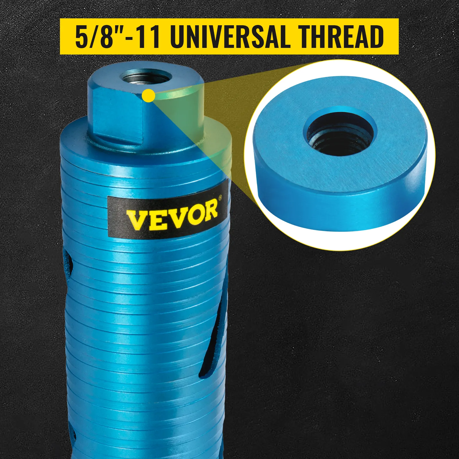 VEVOR core drill bit 5/8"-11 universal thread in blue with focused thread detail.