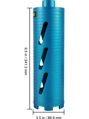 VEVOR dry core drill bit, 9.5 in height, 3.5 in diameter, blue cylindrical design.