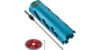 blue VEVOR dry core drill bit with drill rod, red blade, and hex key.
