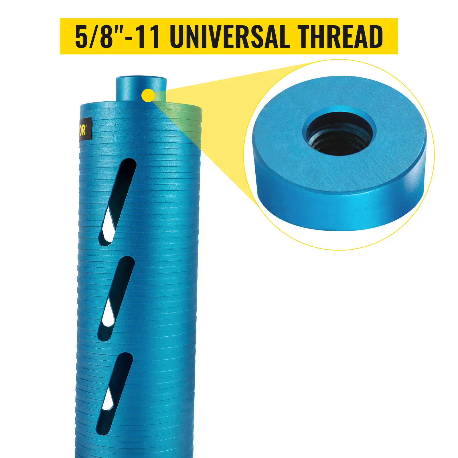 VEVOR dry core drill bit with 5/8"-11 universal thread, blue, close-up.