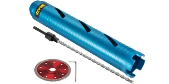 Blauwe VEVOR kernboor met rood rond blad, sleutel en op een witte achtergrond.