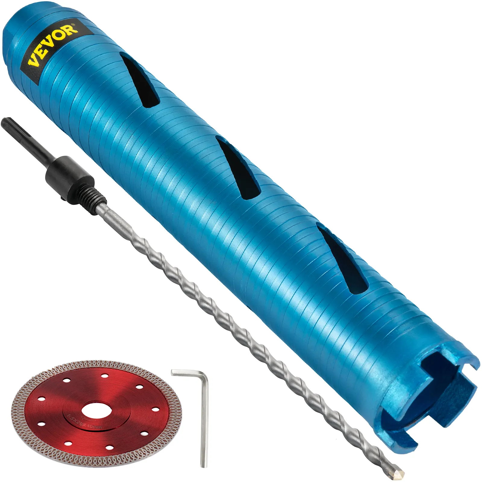 Blauwe VEVOR kernboor met accessoires, waaronder een rood zaagblad en inbussleutel.
