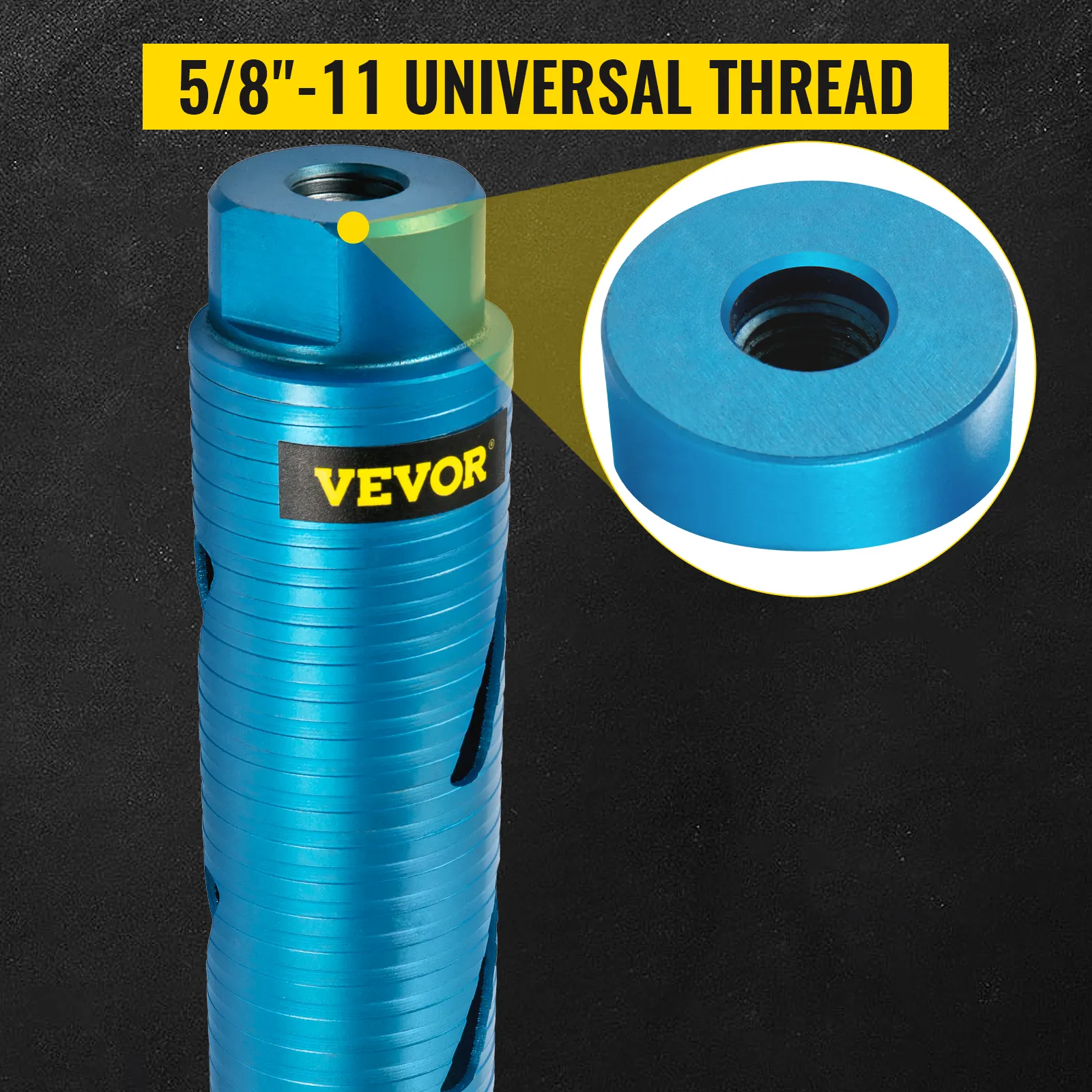 Blauwe VEVOR kernboor met 5/8"-11 universele draad op zwarte achtergrond.