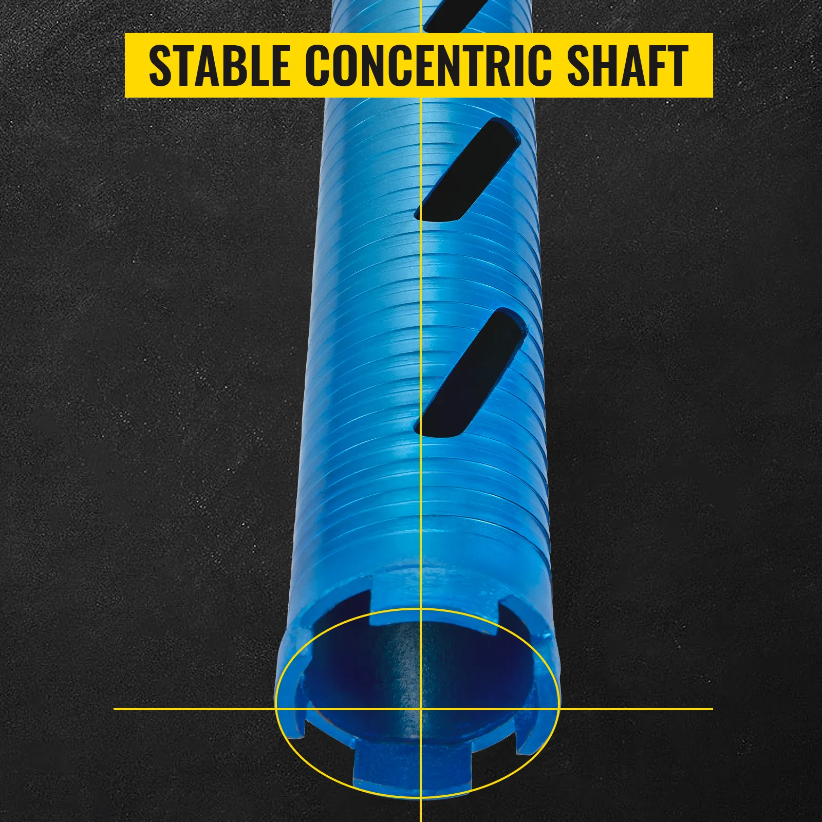 Blauwe VEVOR kernboor met stabiele concentrische schacht op zwarte achtergrond.