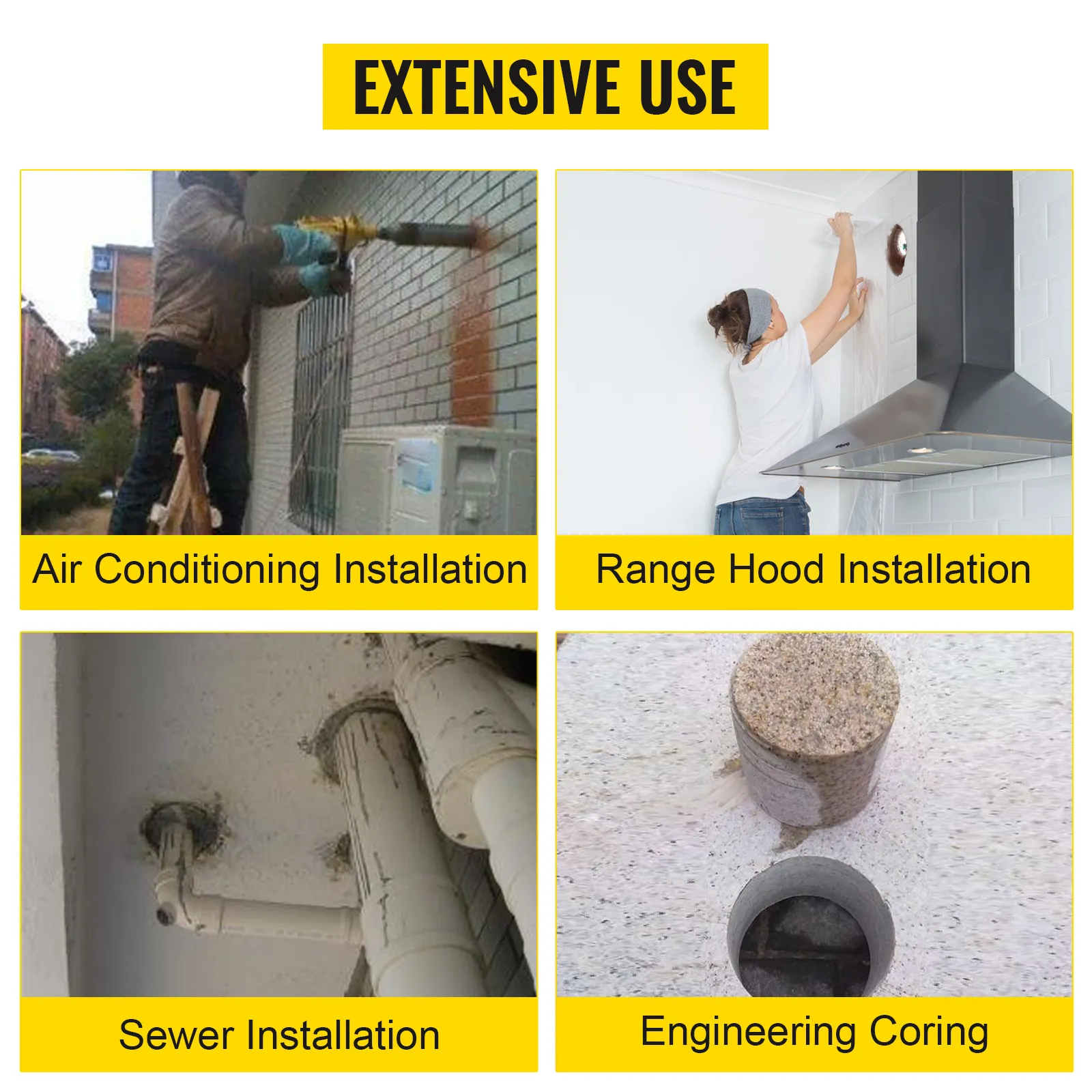 Toepassingen van VEVOR-kernboor: installatie van airconditioning, afzuigkappen, riolering, technische kernboringen.