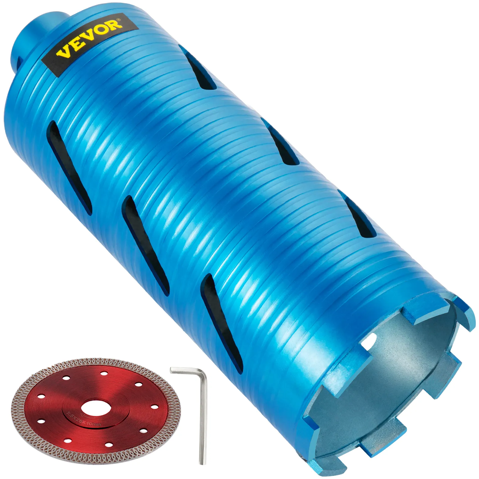 Broca de diamante azul VEVOR con disco de corte rojo y herramienta de llave hexagonal.
