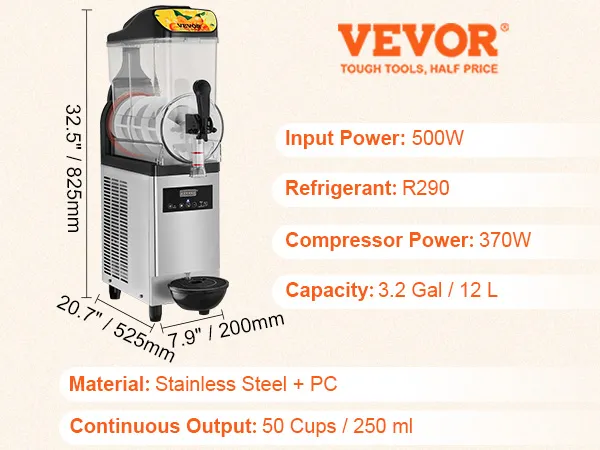 Máquina de granizados VEVOR con potencia de entrada de 500w, refrigerante r290, capacidad de 12l y cuerpo de acero inoxidable.