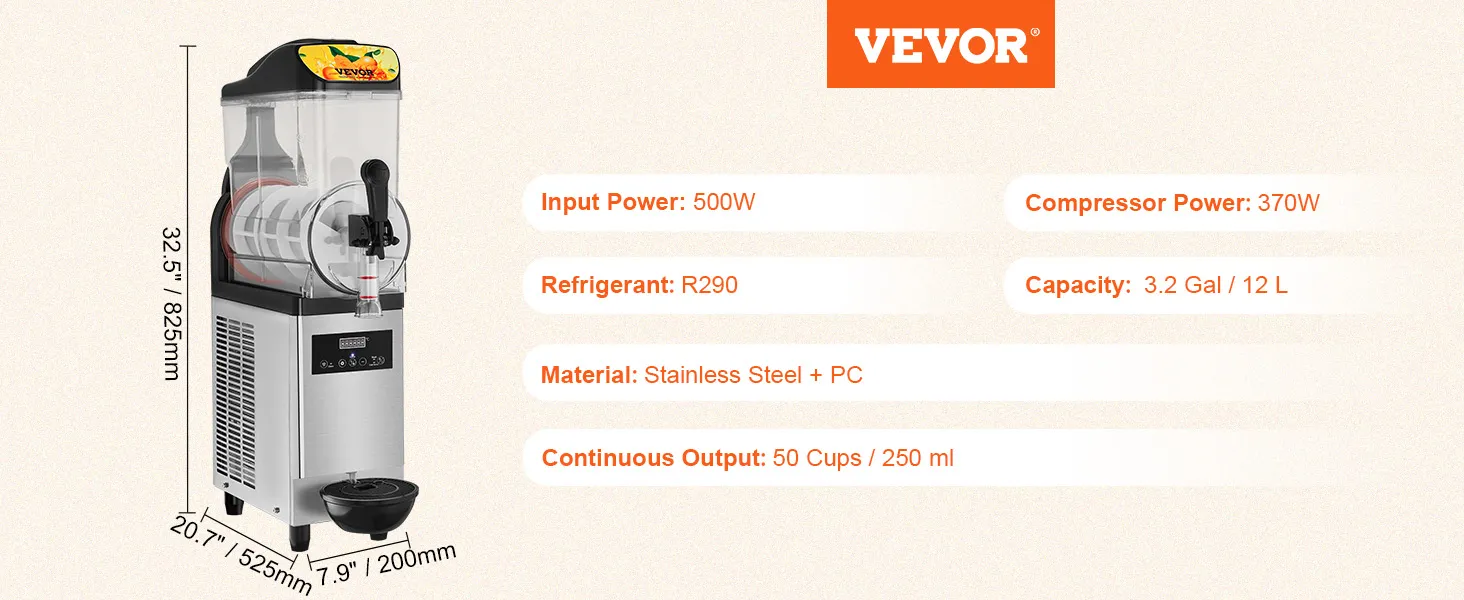 Máquina de granizados VEVOR con potencia de entrada de 500w, refrigerante r290, capacidad de 12l y cuerpo de acero inoxidable.