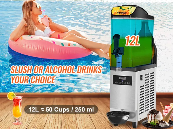 Máquina de granizados VEVOR junto a una piscina, que sirve granizados o bebidas alcohólicas; su capacidad de 12 l significa 50 tazas.