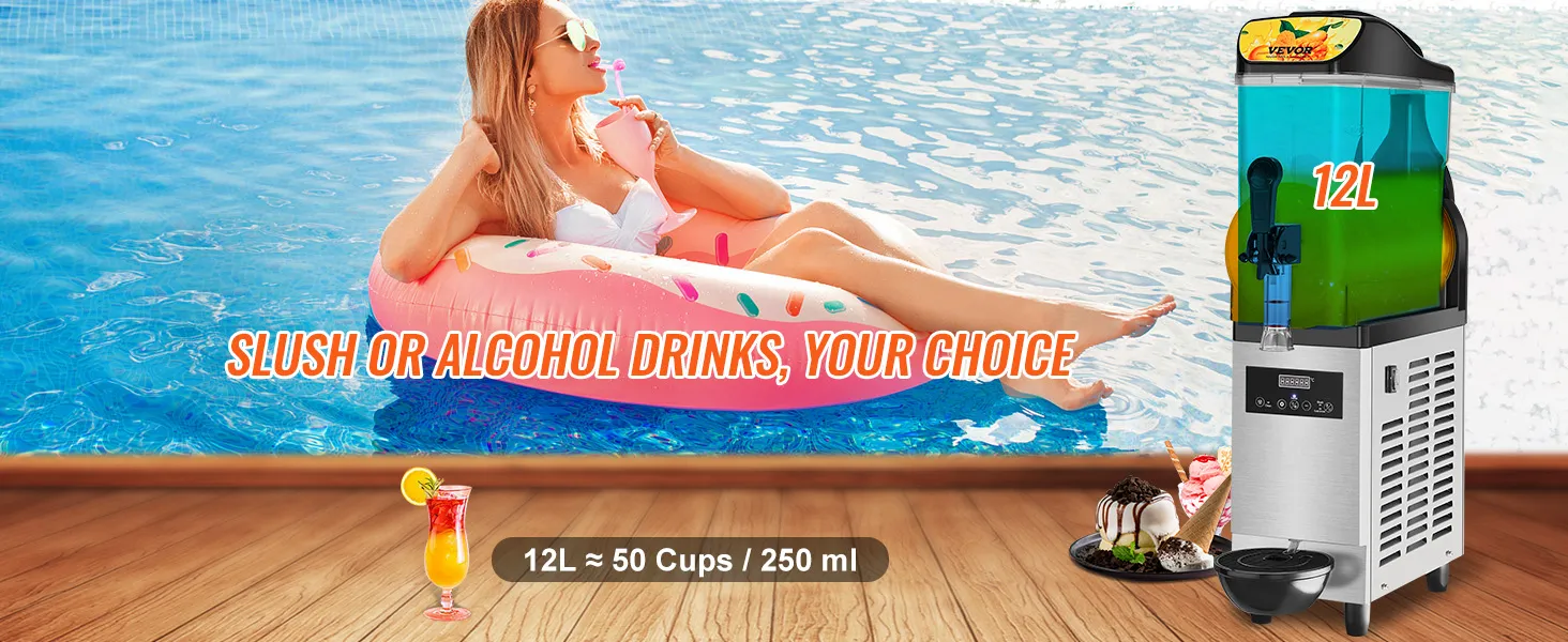 Máquina de granizados VEVOR junto a una piscina, que sirve granizados o bebidas alcohólicas; su capacidad de 12 l significa 50 tazas.