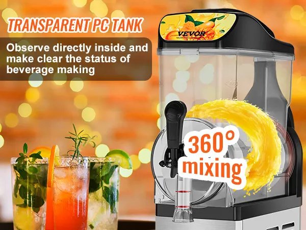 Máquina de granizados VEVOR con tanque de PC transparente y mezcla de 360 grados contra un fondo borroso.