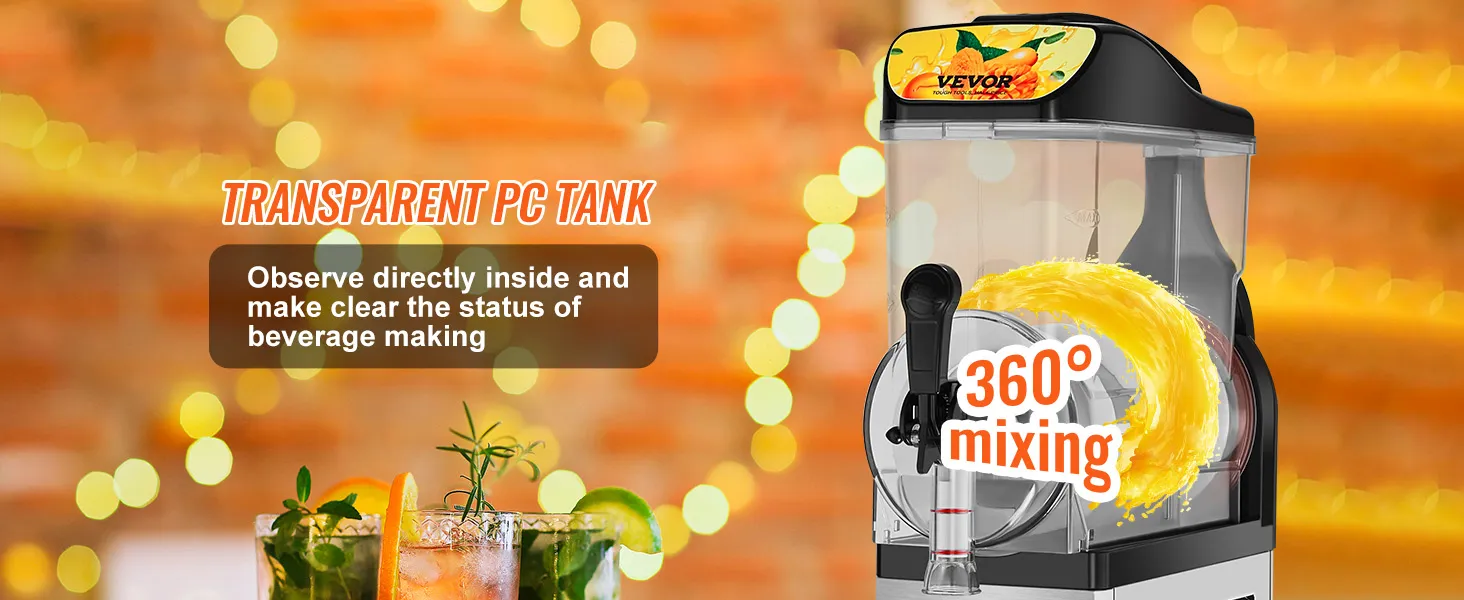 Máquina de granizados VEVOR con tanque de PC transparente y mezcla de 360 grados contra un fondo borroso.