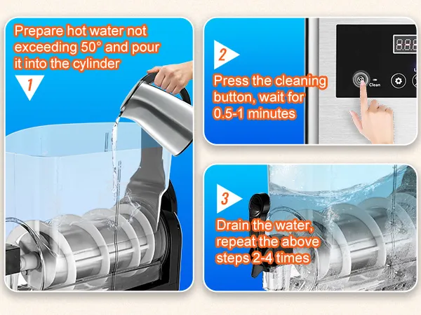 Instrucciones de limpieza para máquina de granizados VEVOR: agregue agua caliente, presione el botón de limpieza, drene y repita.