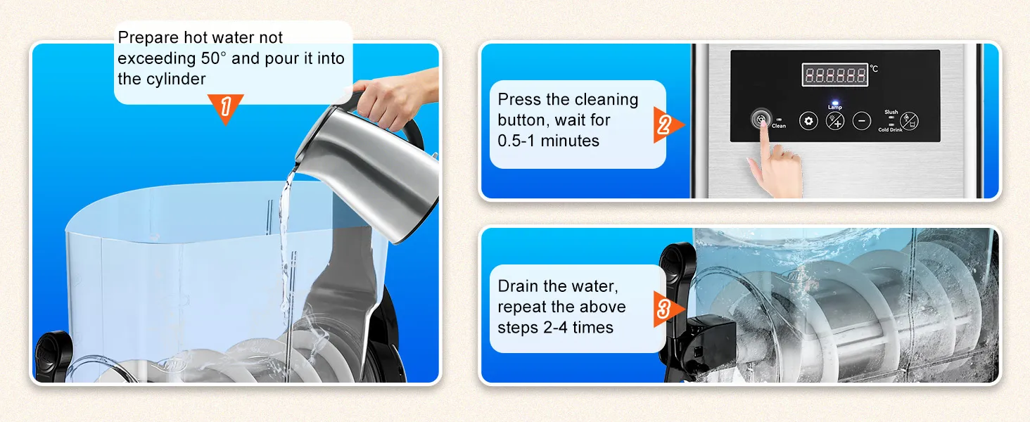 Instrucciones de limpieza para máquina de granizados VEVOR: agregue agua caliente, presione el botón de limpieza, drene y repita.