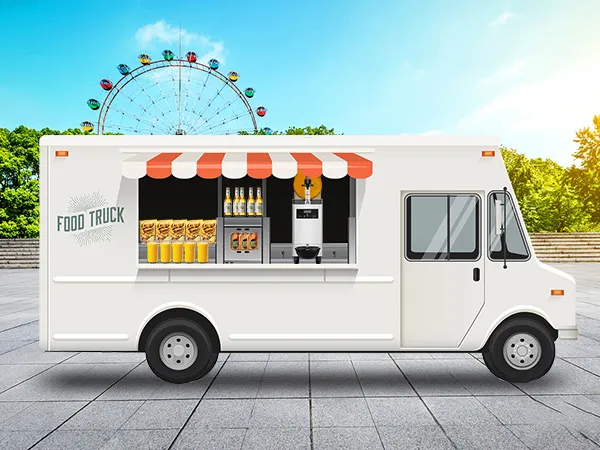 Camión de comida que sirve bebidas con máquina de granizados VEVOR y bocadillos, noria de fondo.