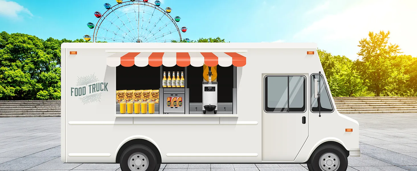 Camión de comida que sirve bebidas con máquina de granizados VEVOR y bocadillos, noria de fondo.