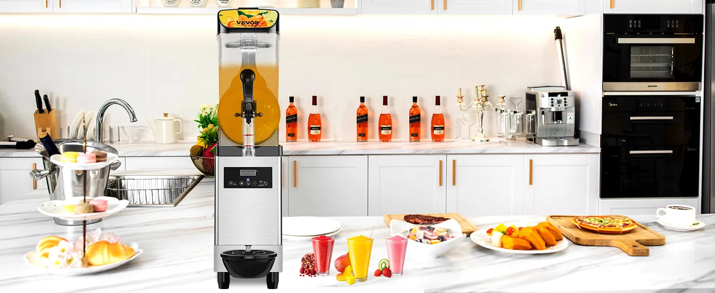 Máquina de granizados VEVOR en una cocina moderna con frutas, pasteles y bebidas en la encimera.